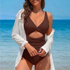 CHARMO One Piece Swimsuit Ruched Tummy Control High Cut Backless- Size L